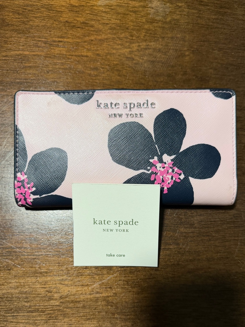 kate spade pink floral continental wallet with navy blooms